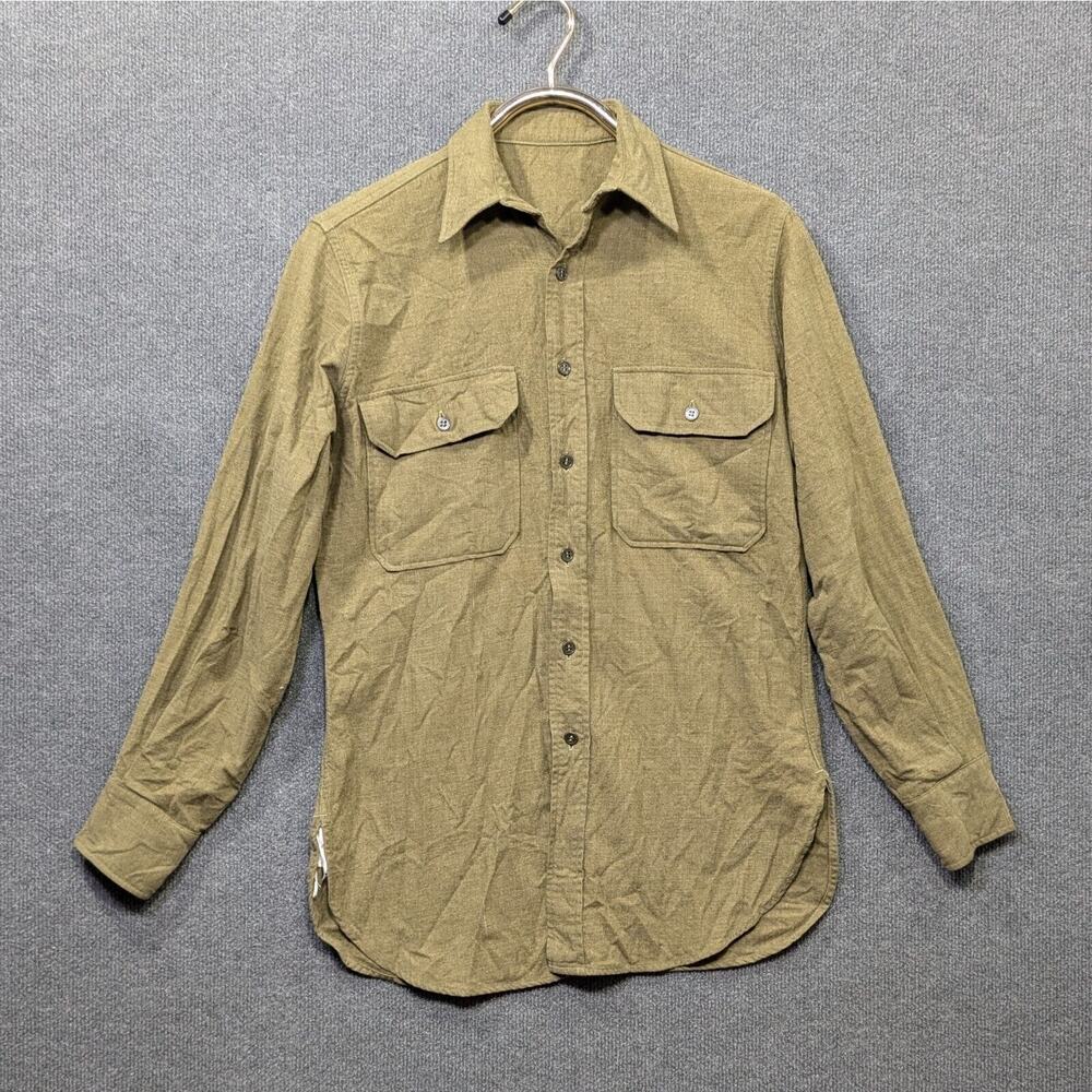 VTG WW2 US Army Field Shirt Mens 14.5x30 Wool OD Green Military Button Uniform